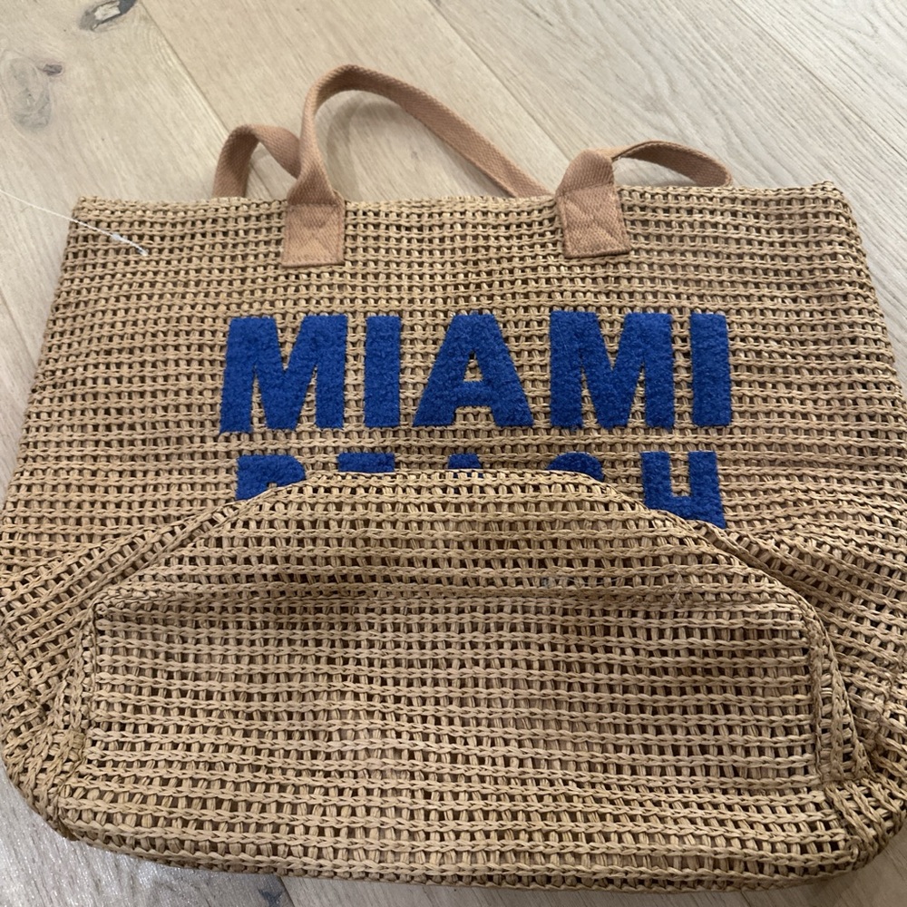 Woven Tote Bag with Blue 'Miami Beach' Text